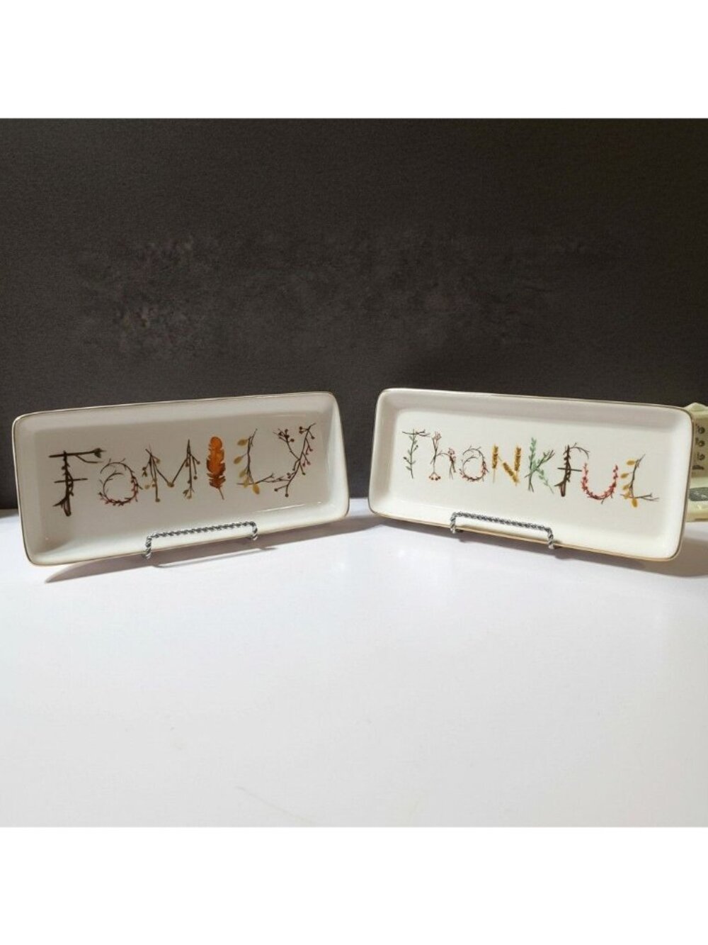 Two's Company Ceramic Fall Trays Set of 2 Thankful Family